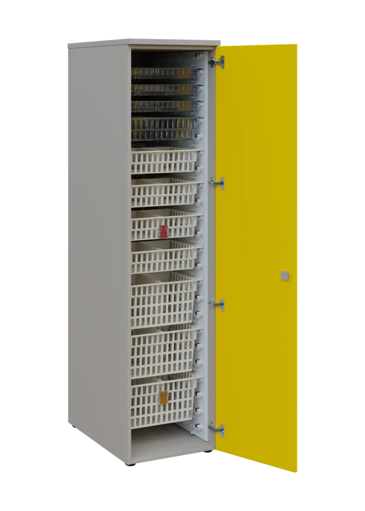 EUROMEDICA D - 46 skříň léková boxová, 1-dveřová, pravá, 1950x460x735, korpus šedý, dvířka žlutá odio